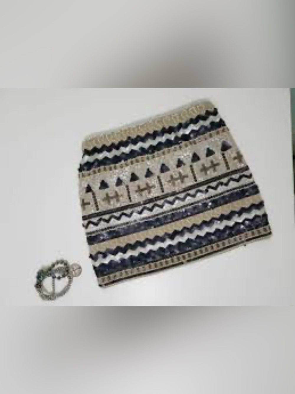 Foreign Exchange Beaded Tribal Pattern Mini Skirt in Navy and Gold